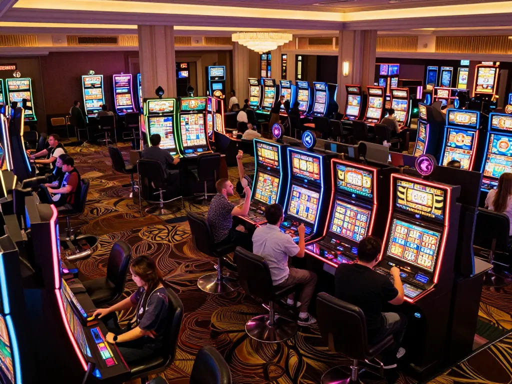Players enjoying a thrilling jackpot win at 23Win's vibrant slot machine area, showcasing excitement and colorful machines.