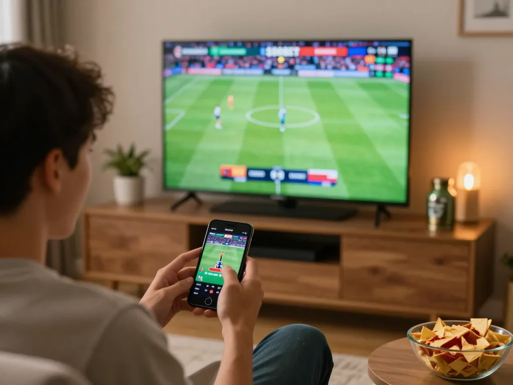 Pengguna SBOBET melakukan taruhan olahraga di smartphone selama permainan langsung di lingkungan rumah yang nyaman.