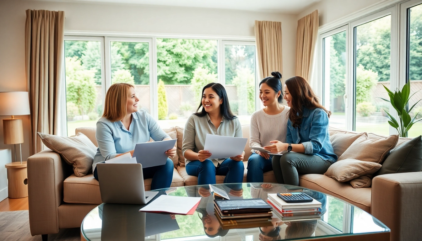 Discussing home warranty coverage options with family in a bright, modern living room.