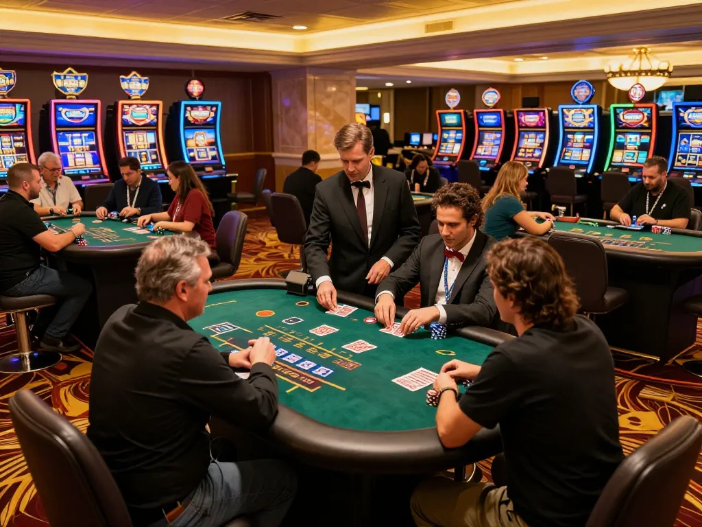 sunwingo players strategizing a winning hand at a thrilling blackjack table in an upscale casino.