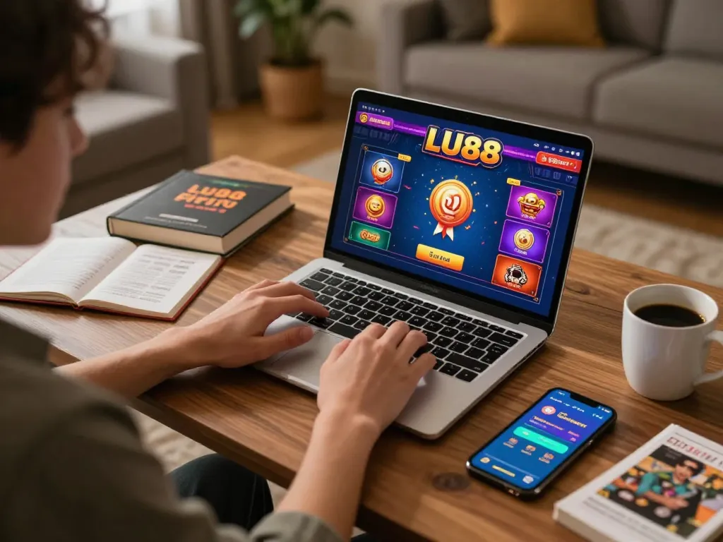 Engaged in LU88 online gaming with colorful graphics on a laptop, cozy home environment.