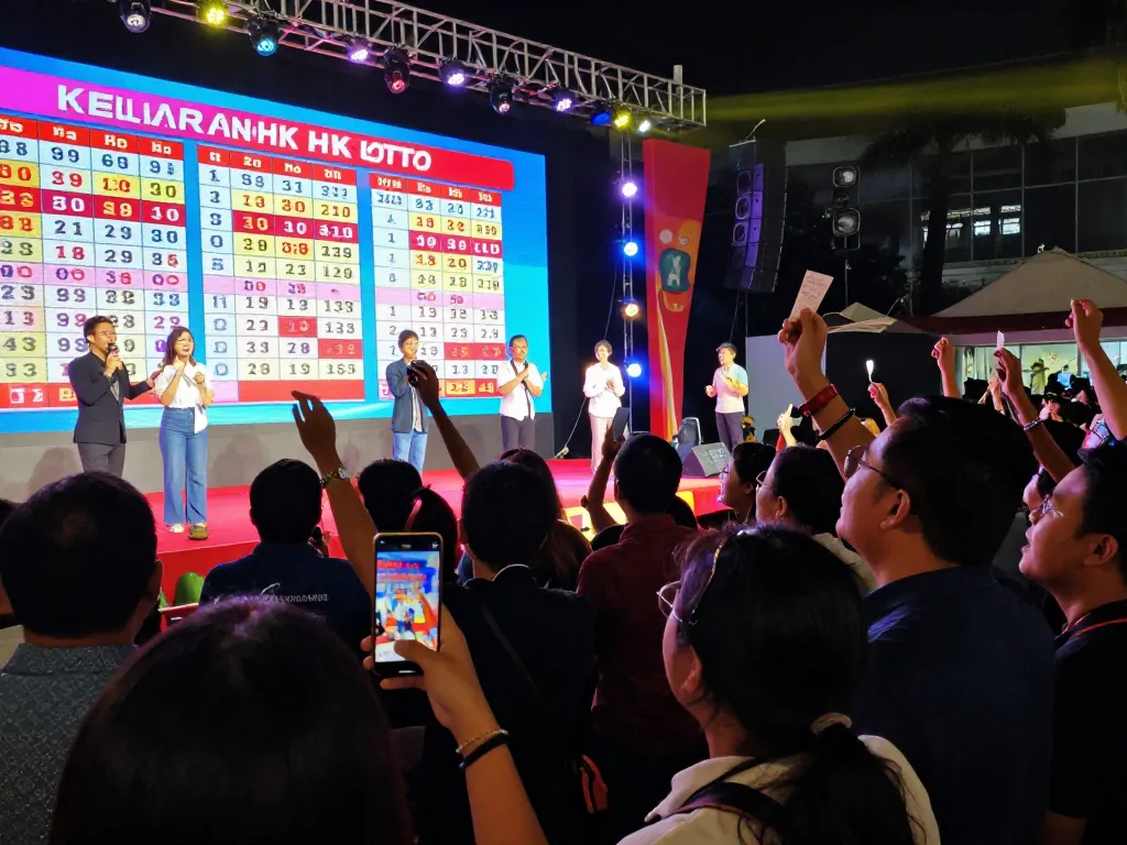 Acara undian langsung Keluaran HK Lotto dengan peserta yang bersemangat merayakan di tengah pencahayaan berwarna-warni dan tampilan digital hasil.