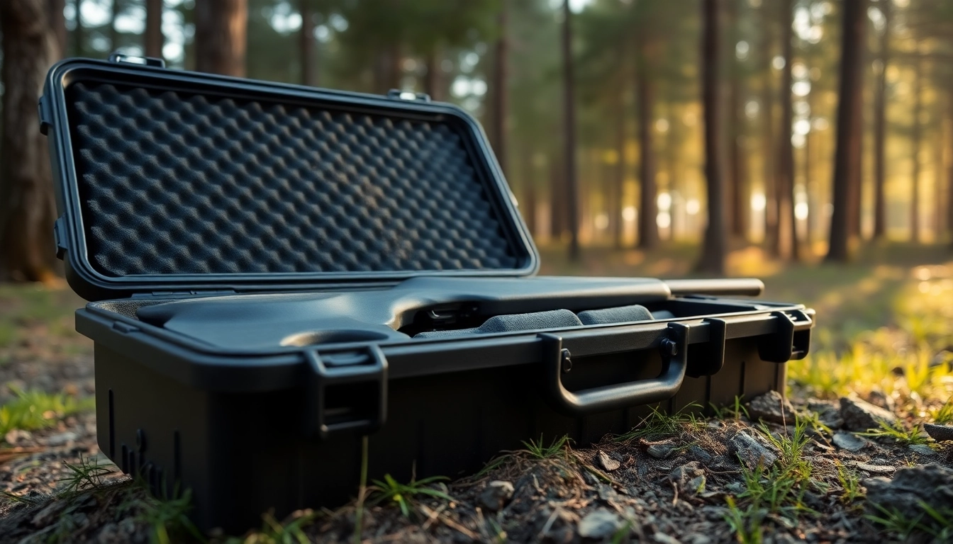 Showcasing pelican gun case for sale with a rifle, highlighting rugged design and outdoor elements.