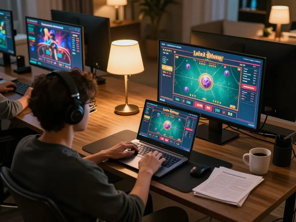 Engaging in XO88 online gaming from home, showcasing a live dealer game experience with warm lighting