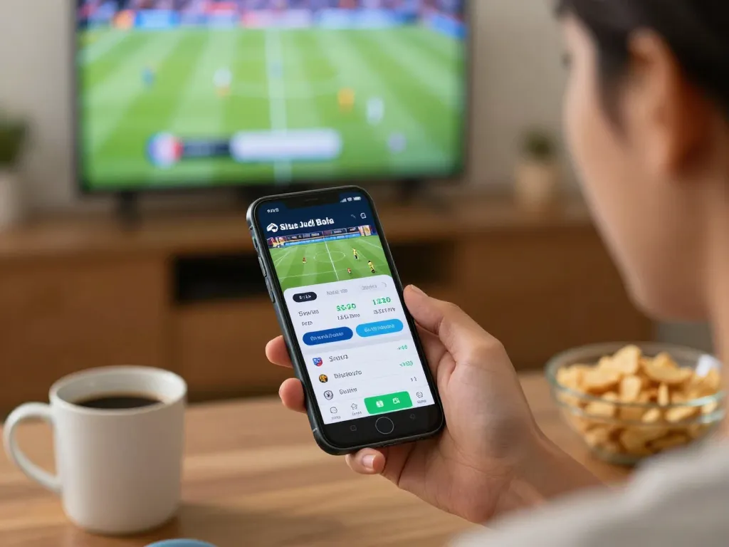 Aplikasi taruhan Situs Judi Bola ditampilkan di smartphone selama sesi taruhan olahraga yang mendebarkan di rumah.