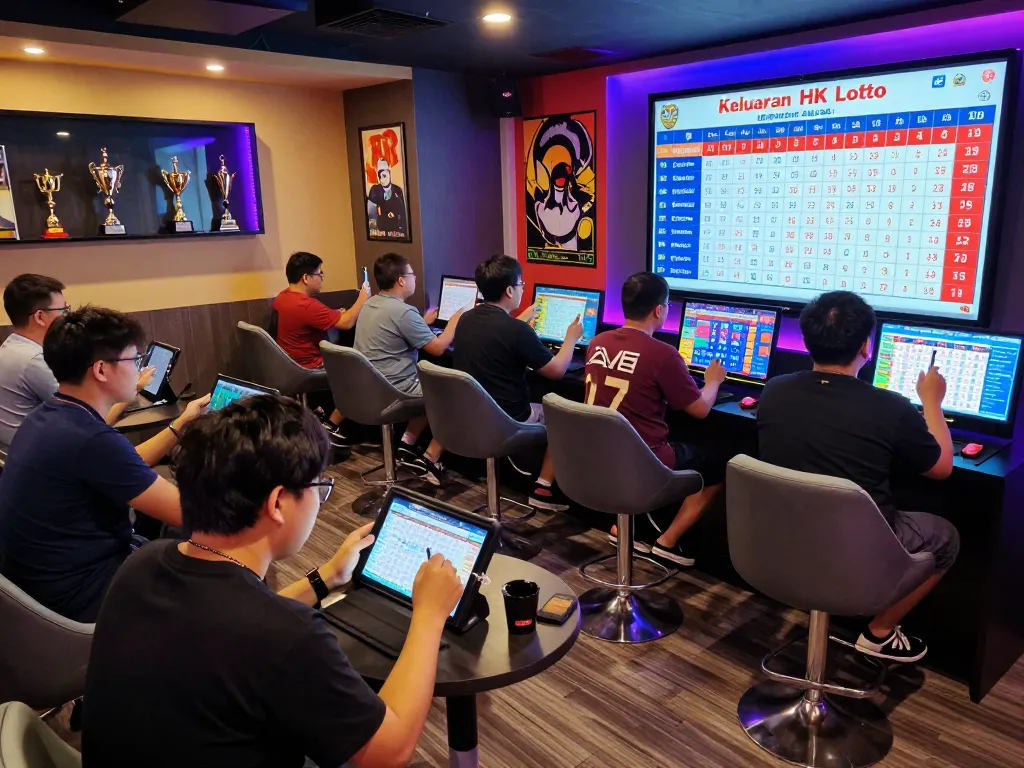 Pemain terlibat di ruang permainan yang bersemangat menganalisis hasil Keluaran HK Lotto di layar langsung.