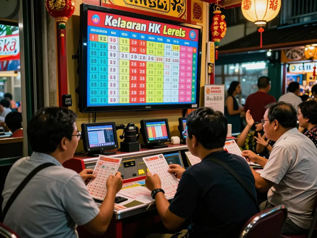 Orang-orang dengan antusias memeriksa hasil Keluaran HK Lotto di sebuah booth lotere yang ramai, menciptakan suasana yang menarik.