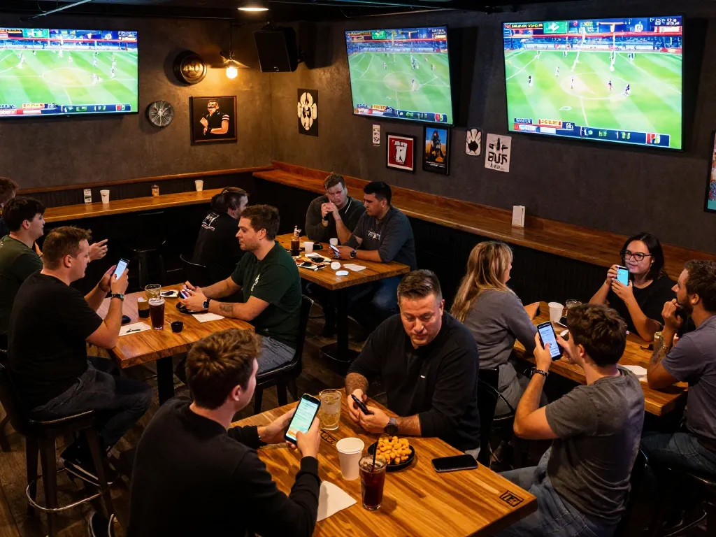 Engaged sports bettors using mobile devices to place stakes at net88, vibrant atmosphere with screens displaying live games