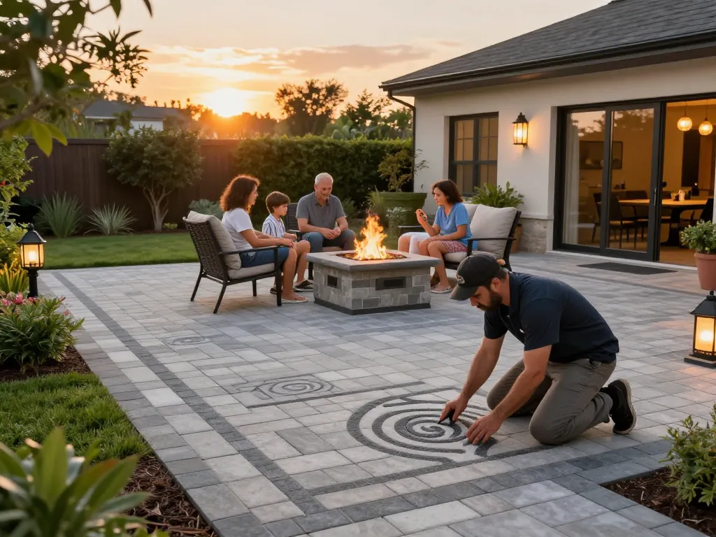Family enjoying a paver patio, showcasing elegant outdoor living spaces with quality craftsmanship and inviting atmosphere in West Chicago.