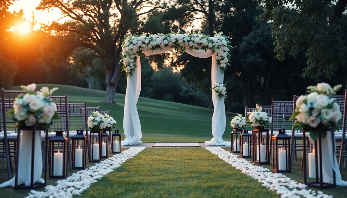 A stunning outdoor wedding scene showcasing the Best Wedding Venue Jacksonville with elegant floral decor and sunset lighting.