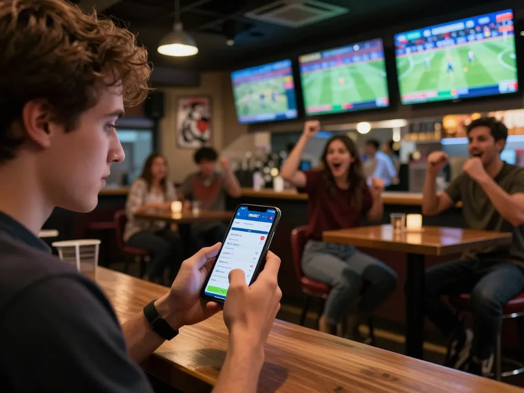 Pengguna SBOBET terlibat dalam taruhan olahraga langsung di bar olahraga yang ramai, smartphone menampilkan opsi taruhan.
