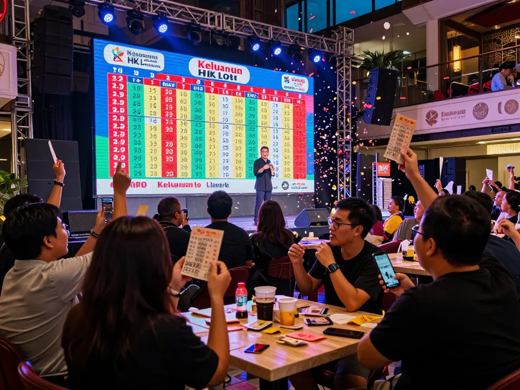 Acara undian langsung Keluaran HK Lotto dengan kegembiraan penonton dan angka kemenangan yang ditampilkan.