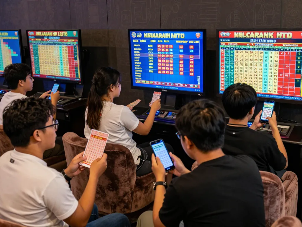 Penggemar Keluaran HK Lotto dengan antusias memeriksa hasil lotere langsung di sebuah lounge yang ramai.