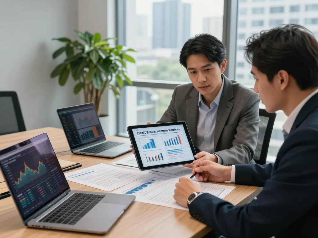 Experts discussing credit enhancement services and investment strategies in a modern office