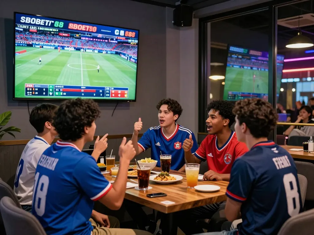 Friends enjoying SBOBET88 sports betting in a vibrant lounge with live odds on screen.