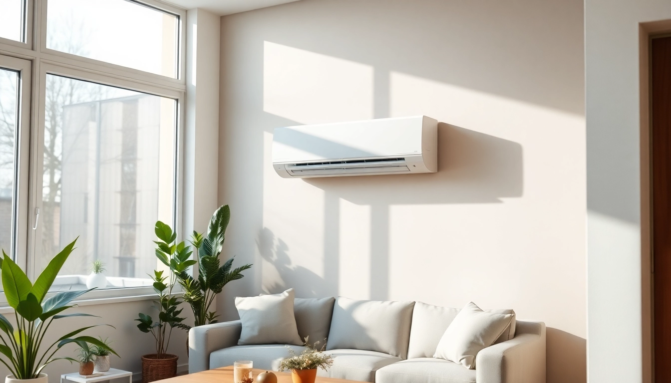 Install a Mitsubishi mini split AC in a stylish modern living room showcasing comfort.
