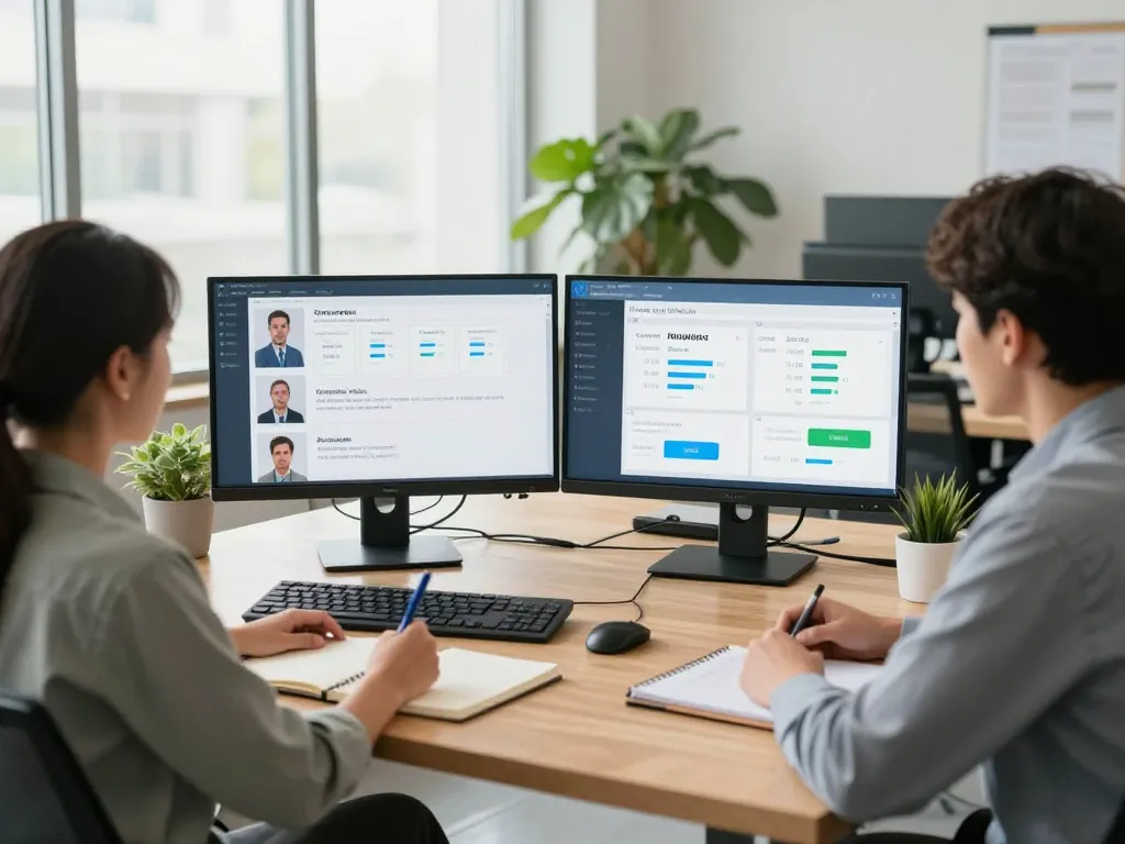 Team discussing evaluations with AI interviewer technology, showcasing modern recruitment strategies.