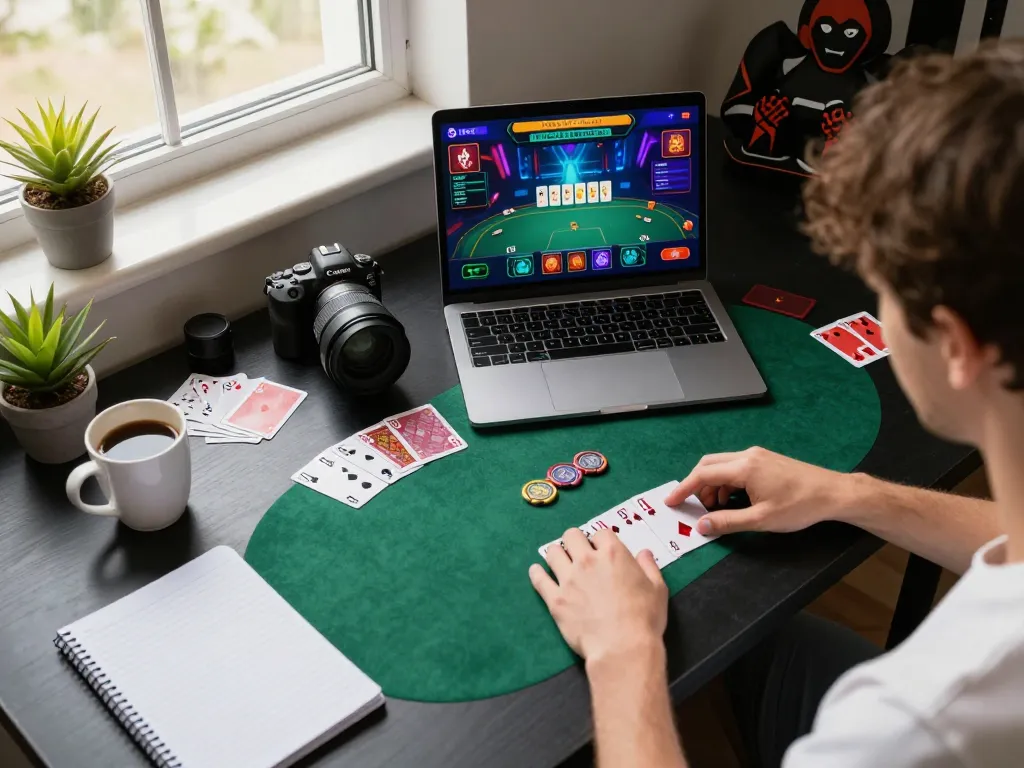 Player analyzing online poker strategies at home with uu88 gaming setup on laptop.