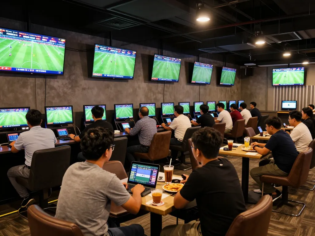 Penggemar olahraga yang antusias terlibat dalam judi bola di lounge olahraga yang hidup.