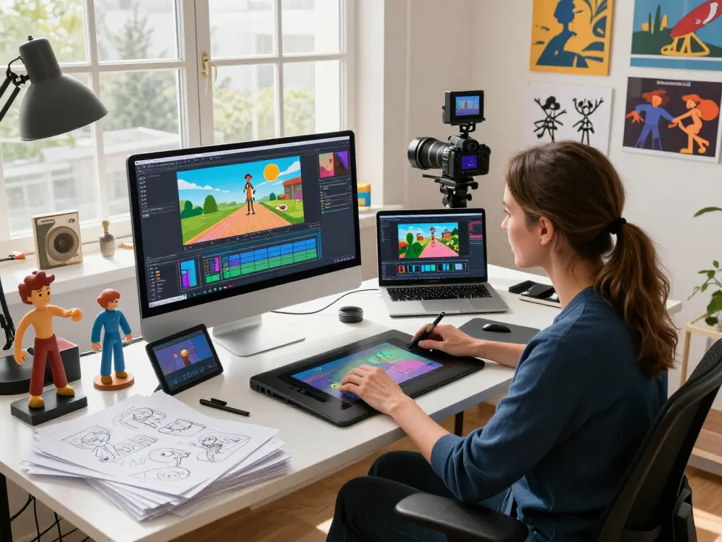 Kling motion technology in action as a creative professional generates animated videos in a bright studio, showcasing dynamic motion control.