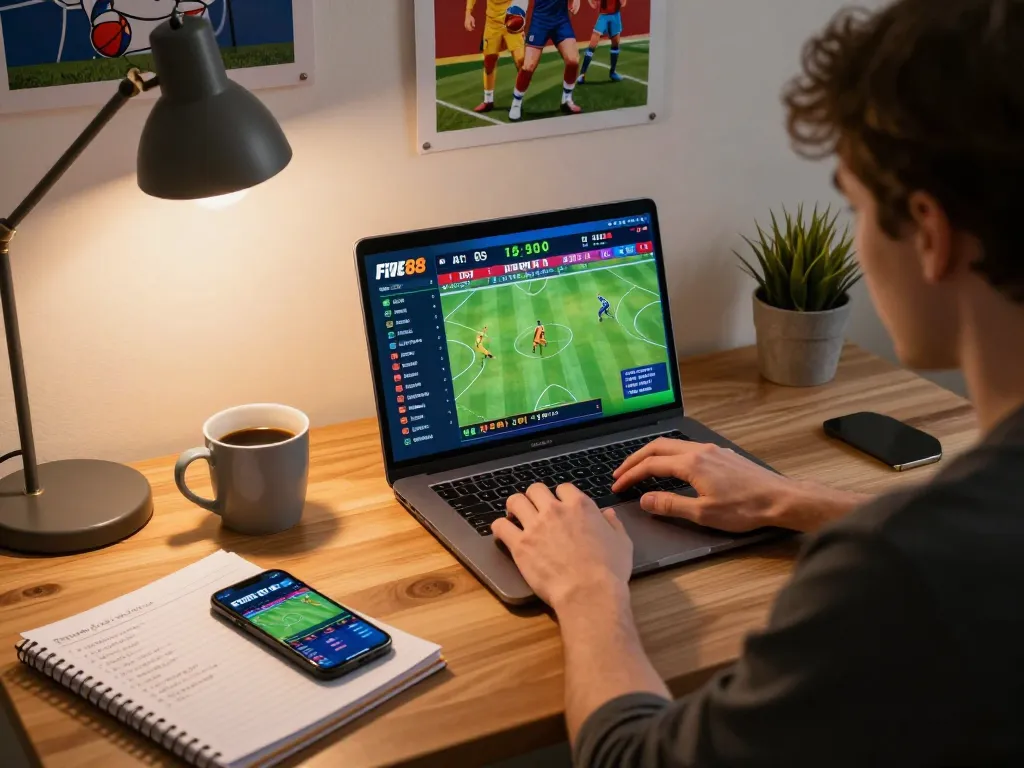 Betting on five88 while analyzing live odds in a cozy home office environment.