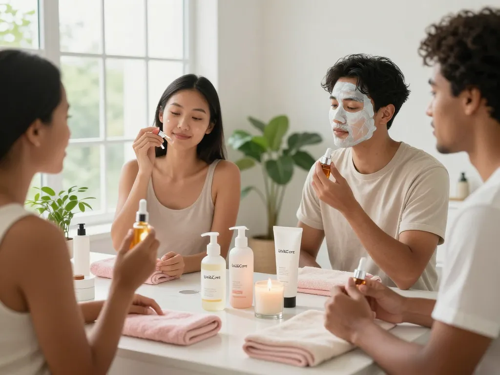 Applying Uni&Core skincare products in a bright, inviting bathroom during a self-care routine.