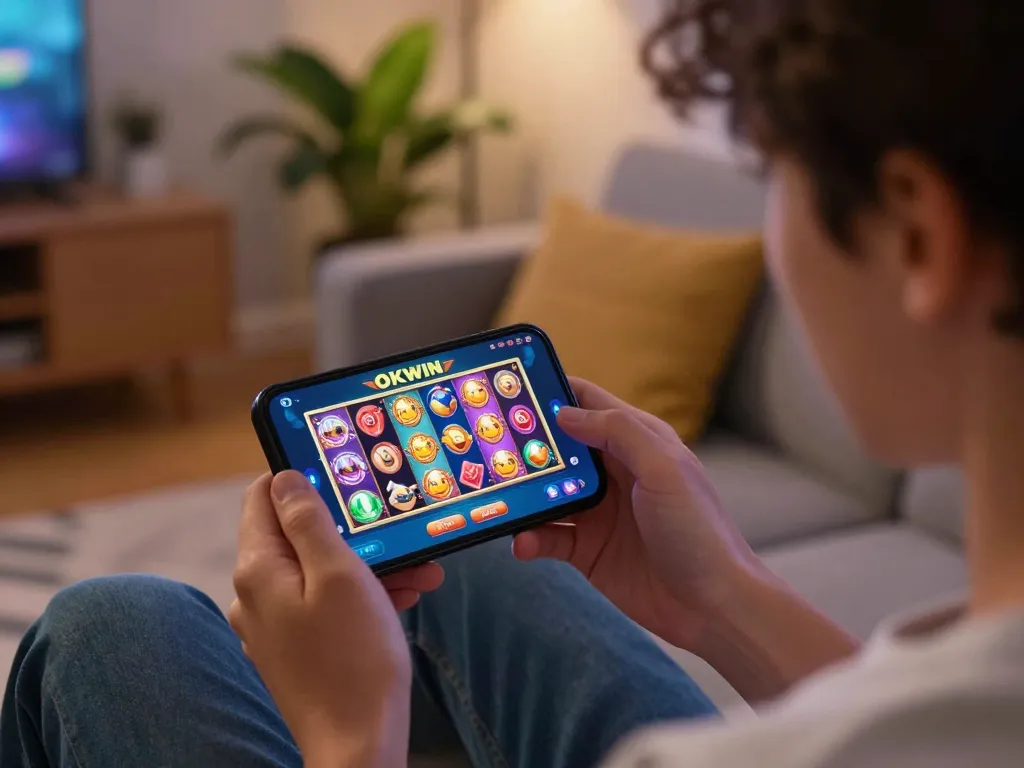 Engaging user with OKWIN app on smartphone, playing colorful slot games in a cozy home environment