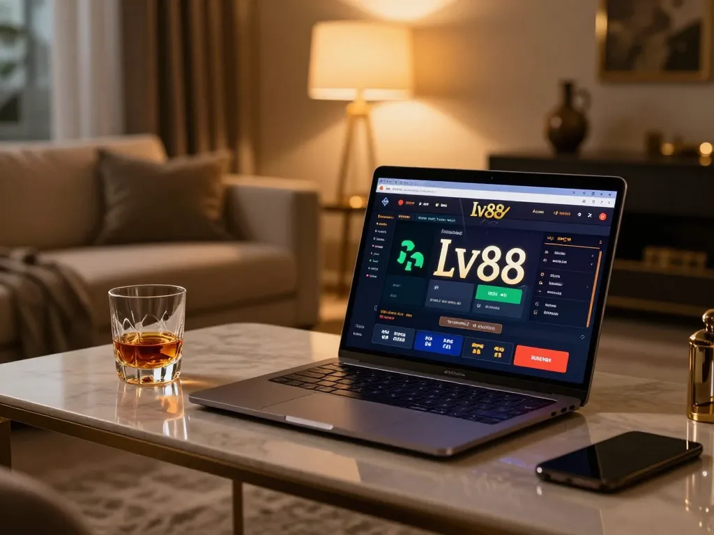 Playing lv88 online casino with a laptop and whiskey in a cozy setting.