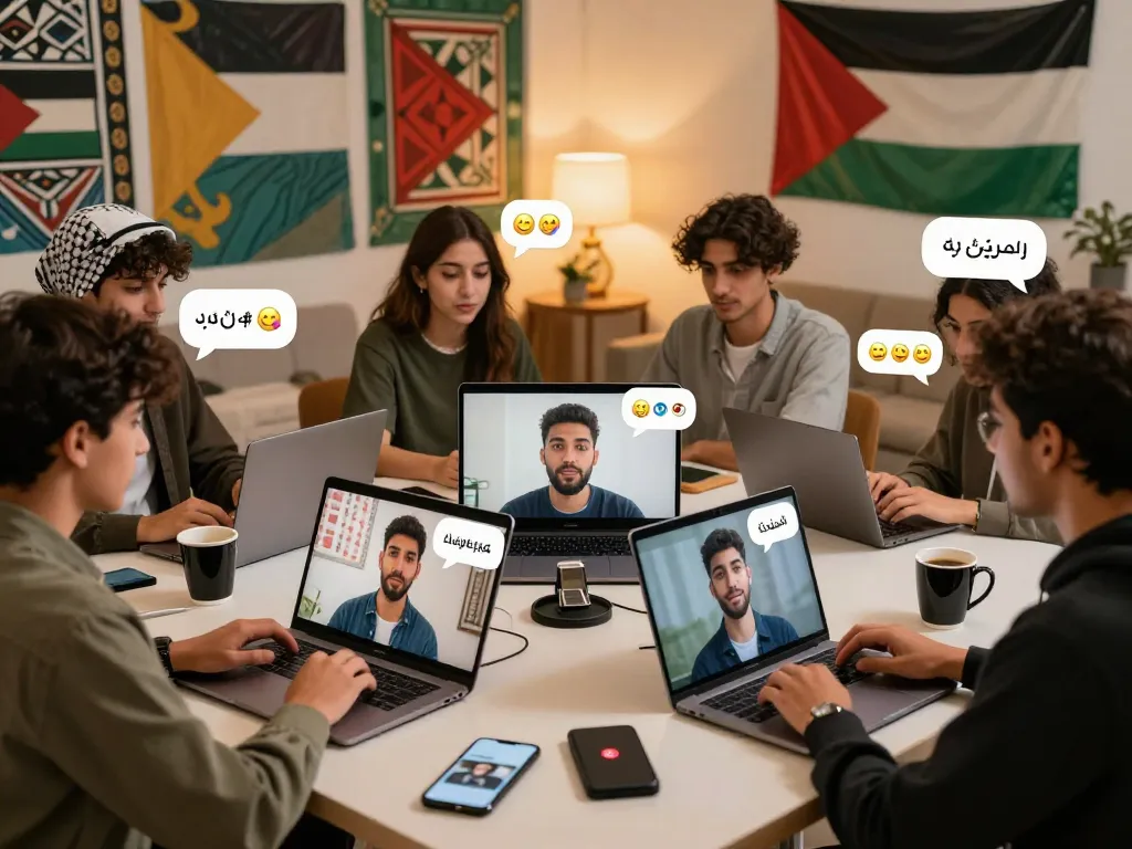 Engaging online دردشة فلسطين scene with young Palestinians chatting in a lively digital environment.