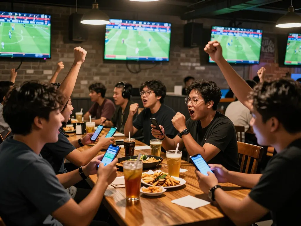 Para penggemar berpartisipasi dengan semangat dalam taruhan Judi Bola selama pertandingan sepak bola langsung di bar olahraga yang ramai.