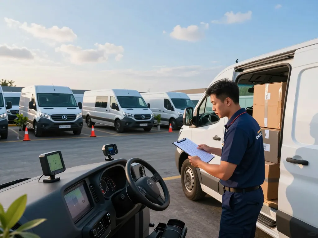 Same day couriers loading cargo into a clean, tracked vehicle at a logistics yard