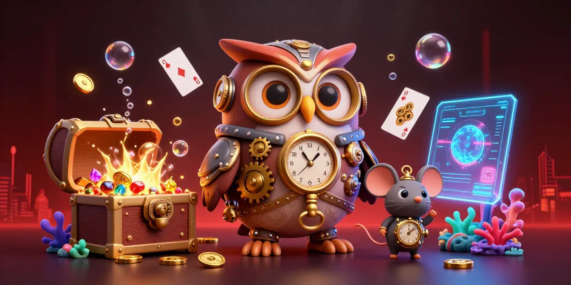Xocdia88 presents a vibrant 3D casino scene featuring an owl and mouse amidst sparkling treasures and casino elements.