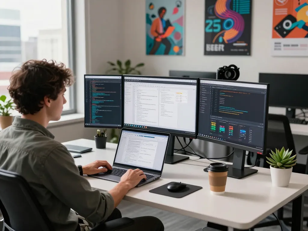 Developer working on coding tasks in a bright office showcasing wps官网's innovative technology solutions.