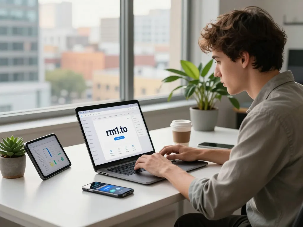 Accessing rm1.to on a sleek laptop in a modern office setup, showcasing productivity and connectivity.