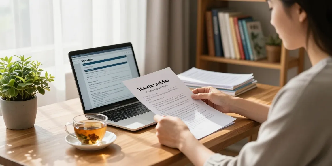 Studying timeshare cancellation documents on how to get rid of a timeshare in a serene home office.