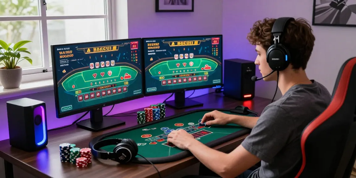 Engaged player enjoying a live baccarat game online, showcasing modern gaming setup and vibrant atmosphere.