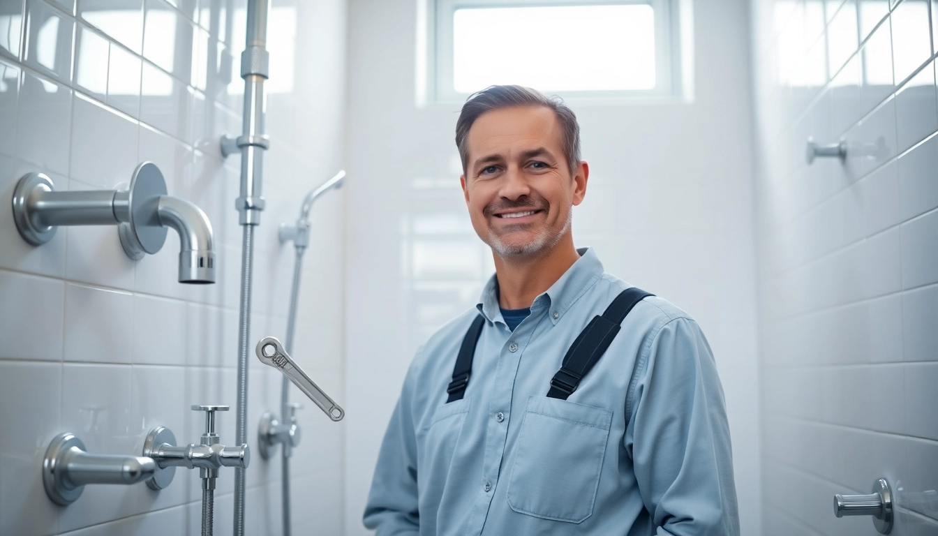 Find a plumber near me with a professional smiling in a modern bathroom setting.