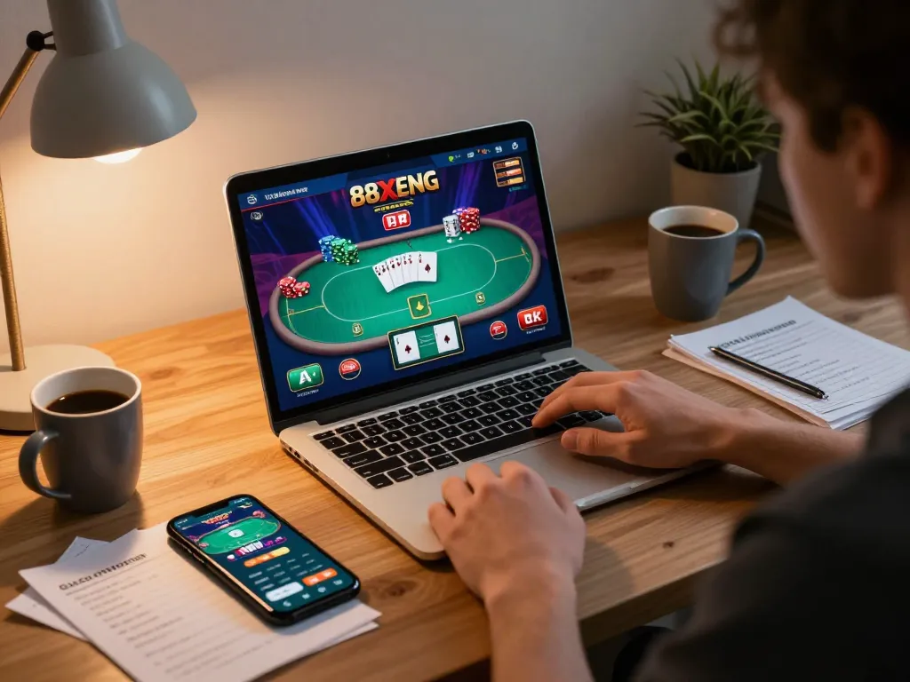 Player enjoying poker games on 88xeng casino app in cozy home setting.