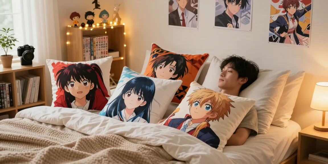 Custom body pillow on a cozy bed, personalized with vibrant anime designs, creating a warm and inviting atmosphere.