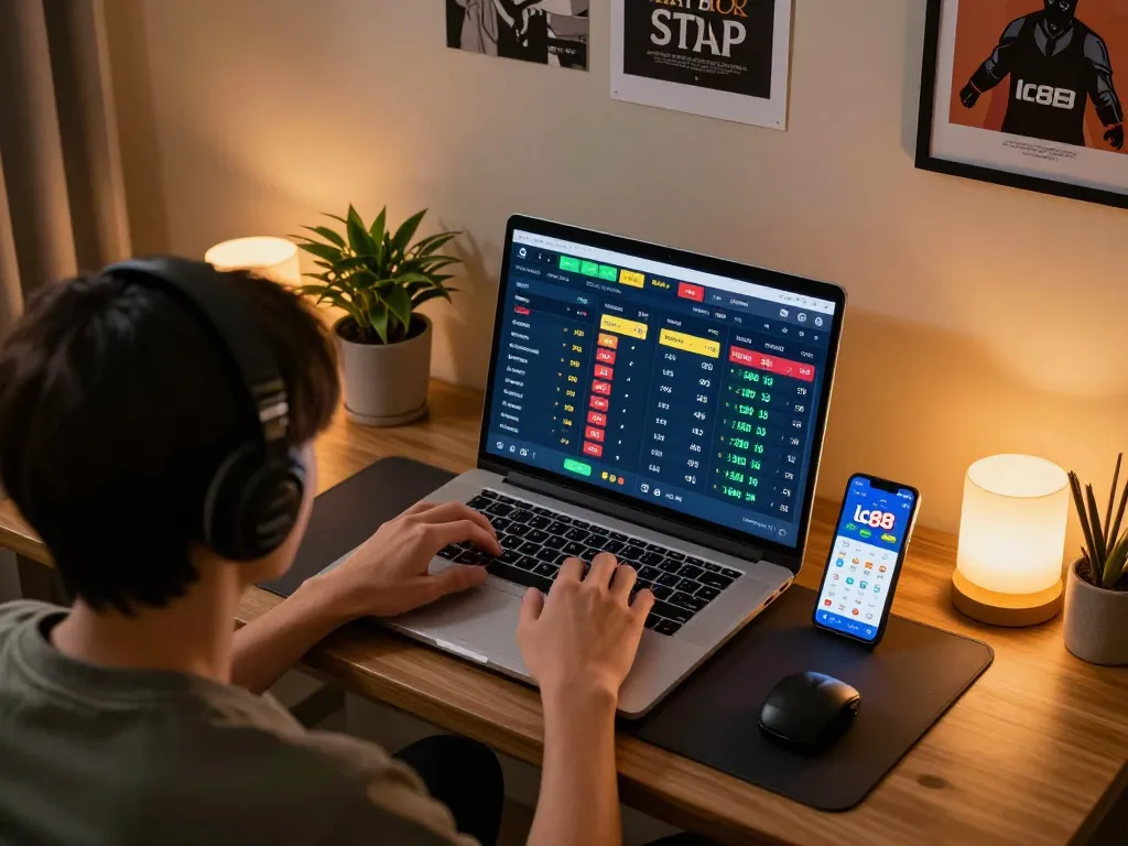 Player engaging in live sports betting using lc88 app on laptop at home.