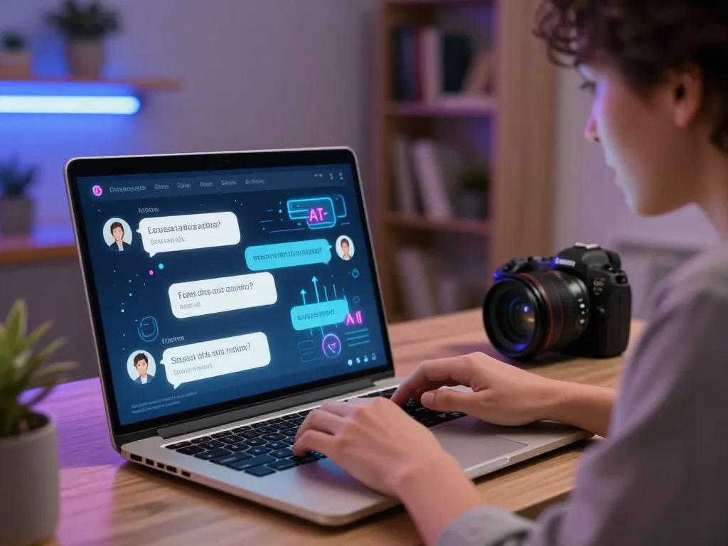Engaging scene of a person using porn ai chat on a laptop, with vibrant AI graphics.