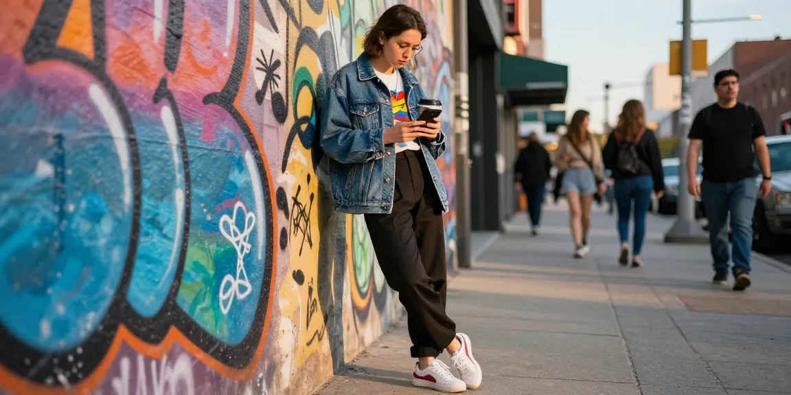 Fashionable individual showcasing trendy urban street style with vibrant graffiti backdrop.