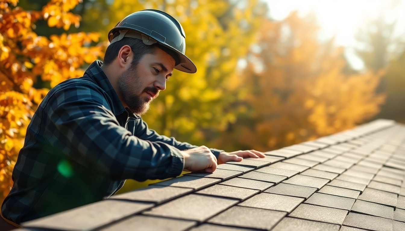Roofing contractor inspecting a residential roof surrounded by autumn trees.