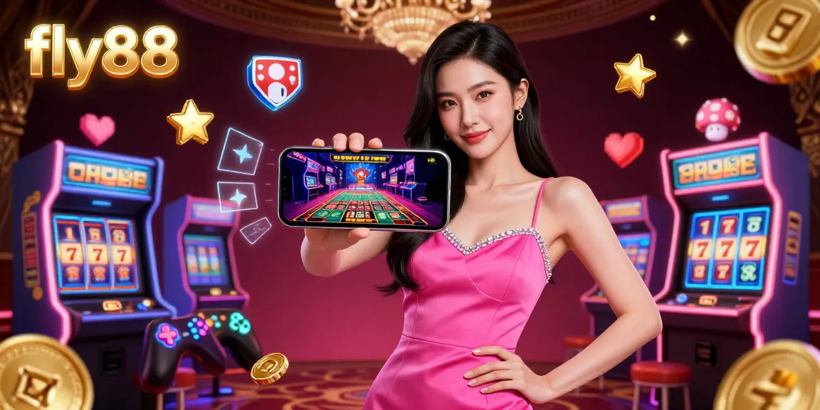 Experience excitement with fly88 in a vibrant online casino illustration featuring live dealer games, slot reels, and more.
