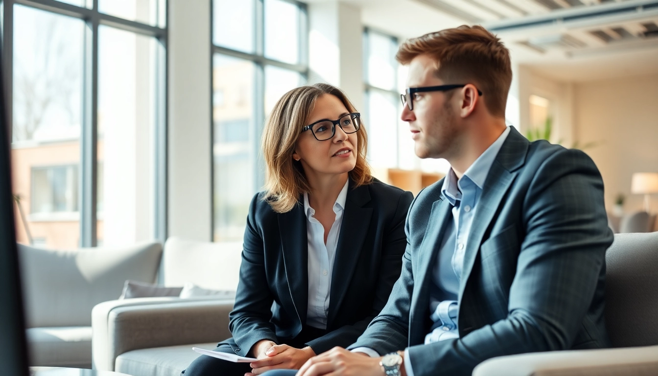 Career coaching session with a professional coach guiding a young client in a bright office.