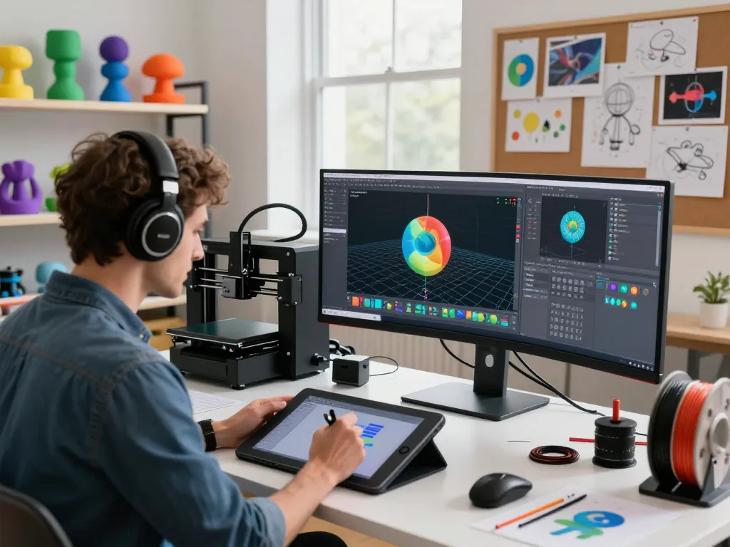Artist using a 3D Model generator in a vibrant studio with printed prototypes and design tools.