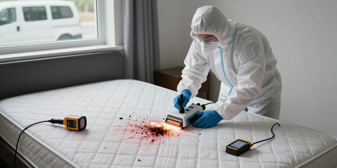 Bed bug heat treatment in progress by a professional technician in a residential bedroom.