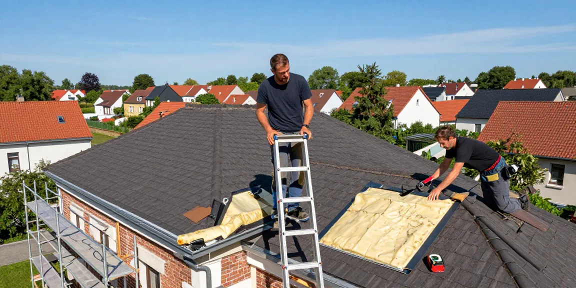 Liège. Spécialiste de la toiture. Skilled contractor renovating a roof with roofing materials, conveying professionalism and craftsmanship.