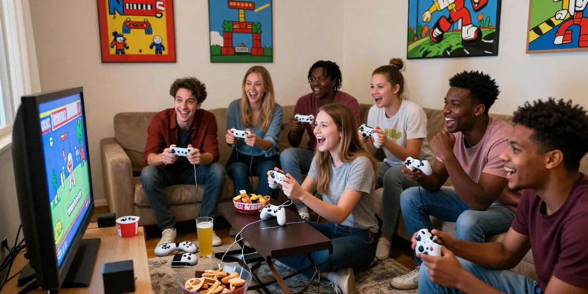 Friends enjoying wiirom gaming night with controllers and snacks in a cozy living room.
