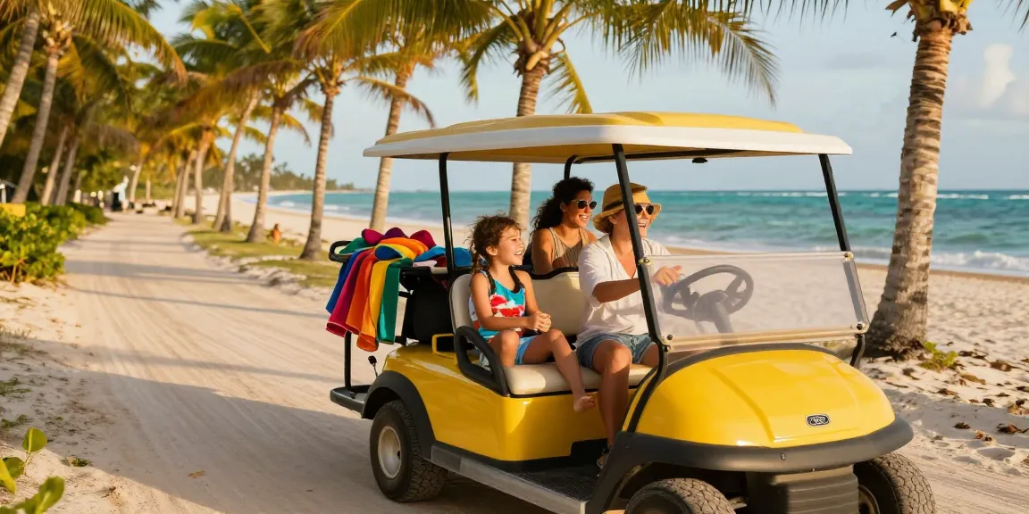Belize golf cart rental family exploring Ambergris Caye with beach gear.
